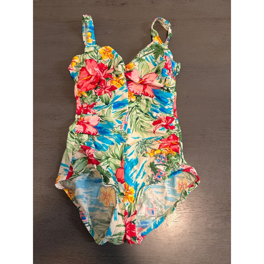 Vintage Gabar Tropical Floral One Piece Swimsuit Size 12 Hibiscus Palm Tree